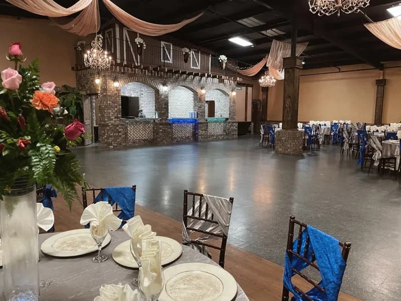 Quinceañera reina package banquet hall setup with elegant table arrangements at La Hacienda Event Venue