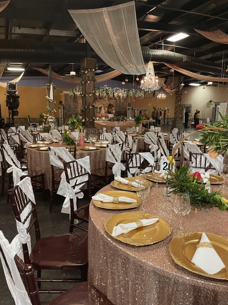 Event Venue Gainesville GA Reception setup at La Hacienda event venue Gainesville GA with rose-gold sequin linens, gold chargers, white chair sashes, chandelier, and ceiling drape